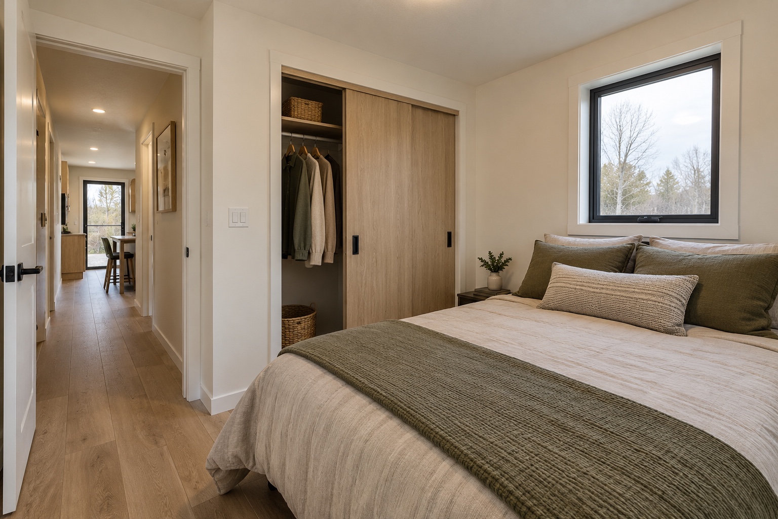 Private rear bedroom with full bed and shallow oak-look wardrobe inside the Alderline 330