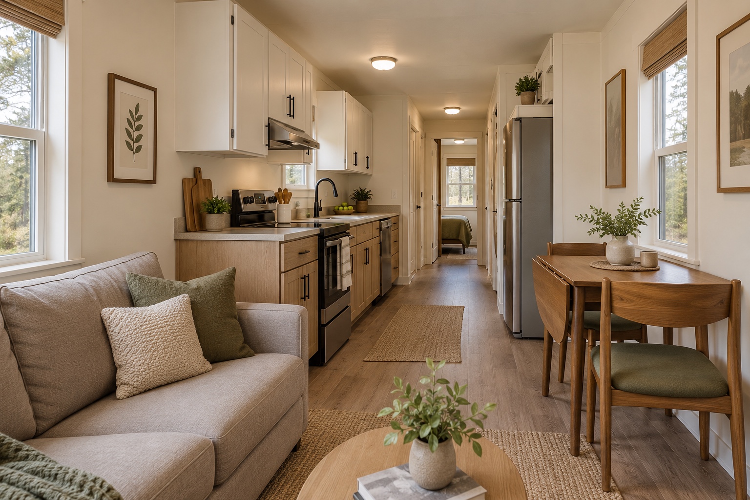 Realistic compact lounge, oak-look galley kitchen and dining area inside the Alderline 330