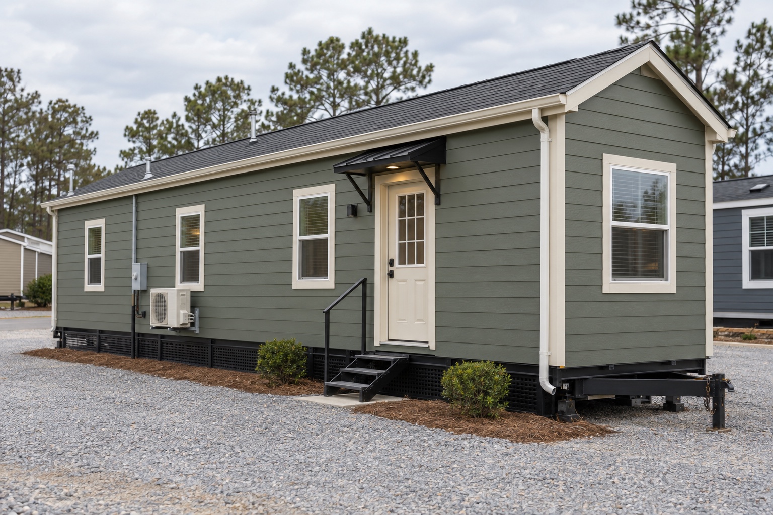 Realistic moss-green Alderline 330 mobile home on an Arkansas dealer display lot
