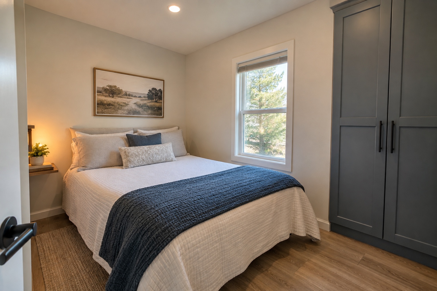 Compact private bedroom with narrow wardrobe inside the Beacon 336 mobile home