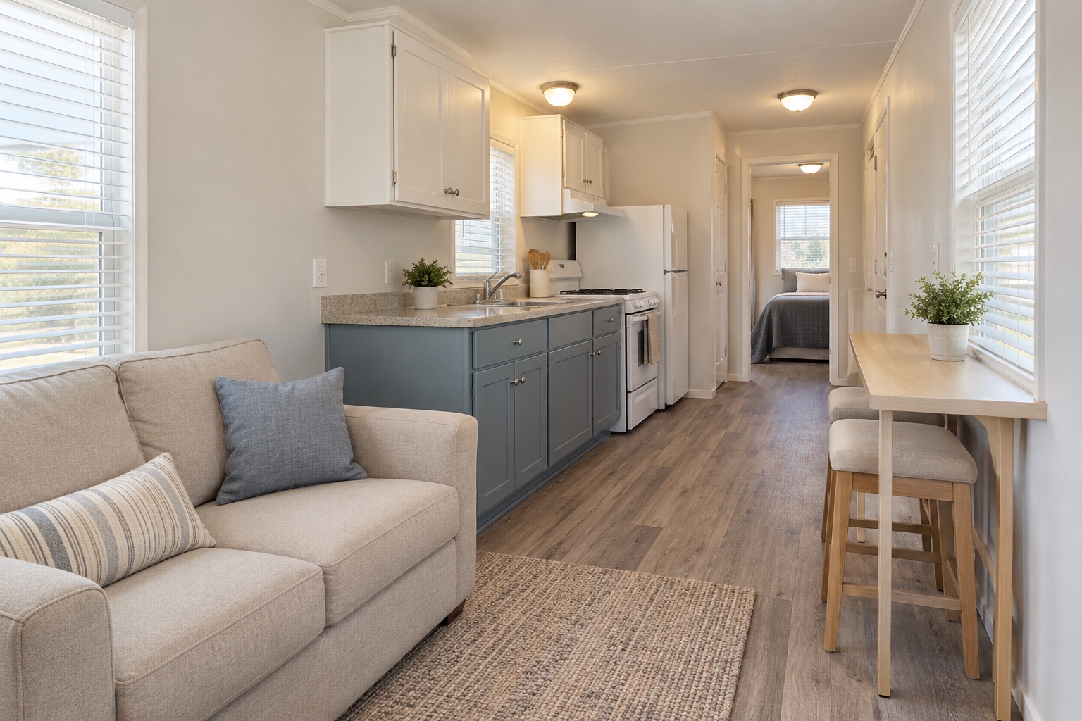 Realistic compact lounge, dining counter and blue-gray galley kitchen inside the Beacon 336 mobile home