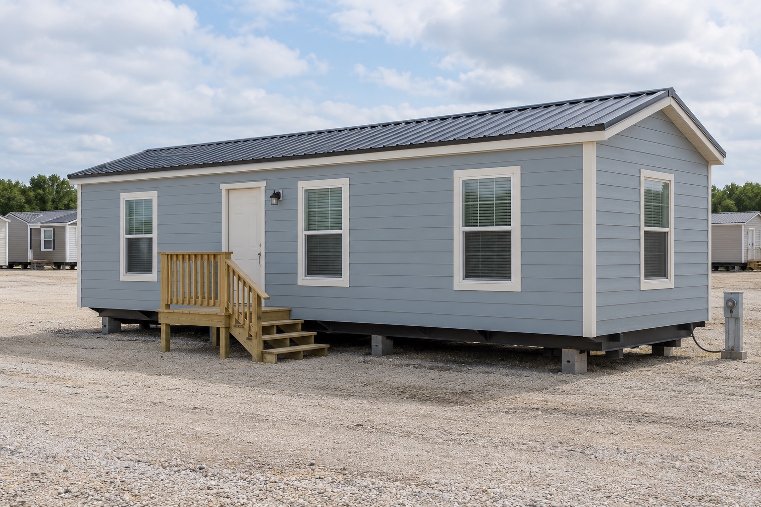 Realistic concept of the Beacon 336 pale-blue compact mobile home on a north Texas dealer lot