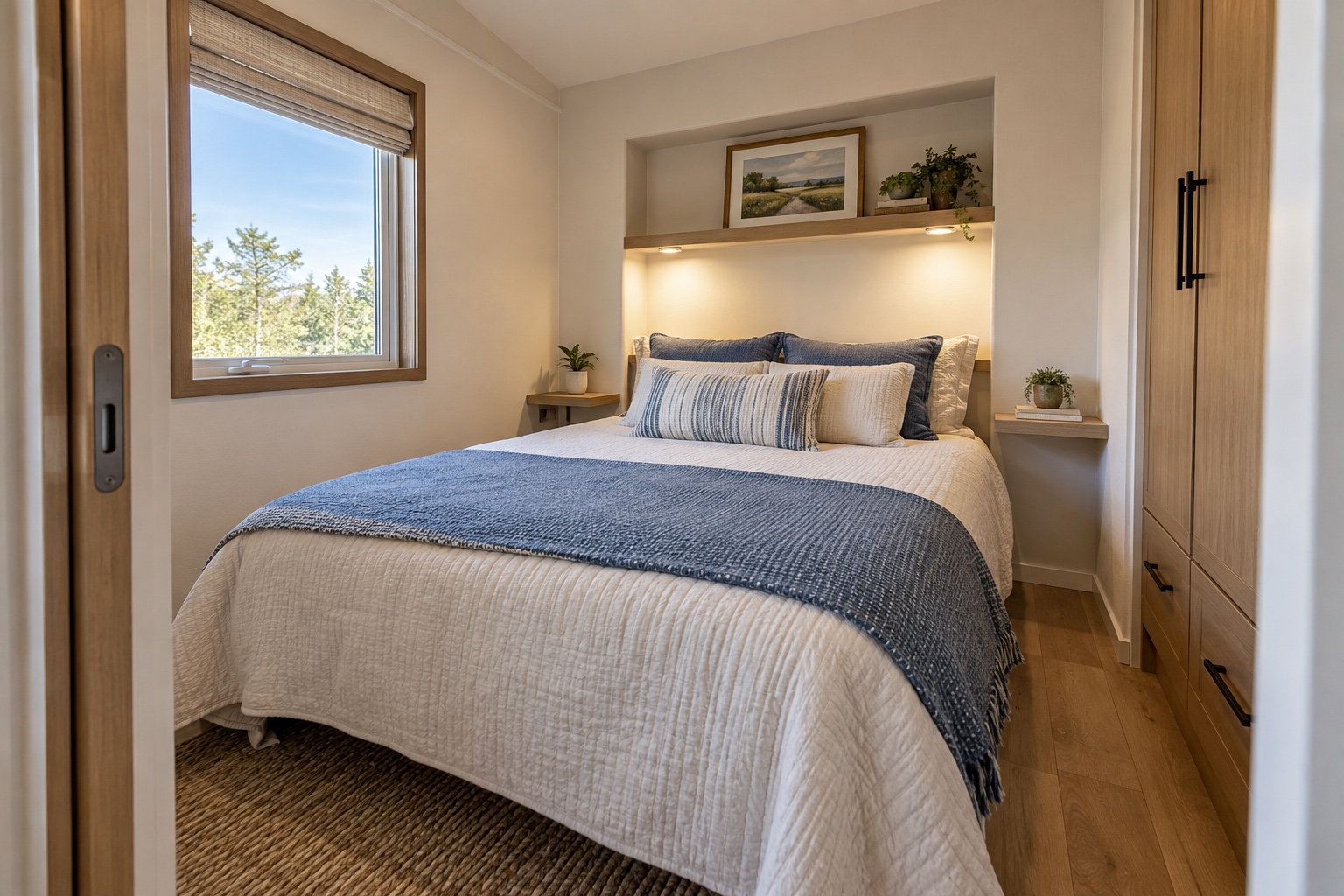 Private bedroom with queen bed and recessed storage inside the Bluebonnet 399