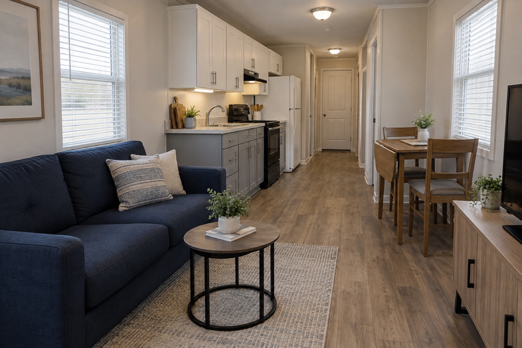 Realistic compact living room and galley kitchen inside the Bluebonnet 399 park model