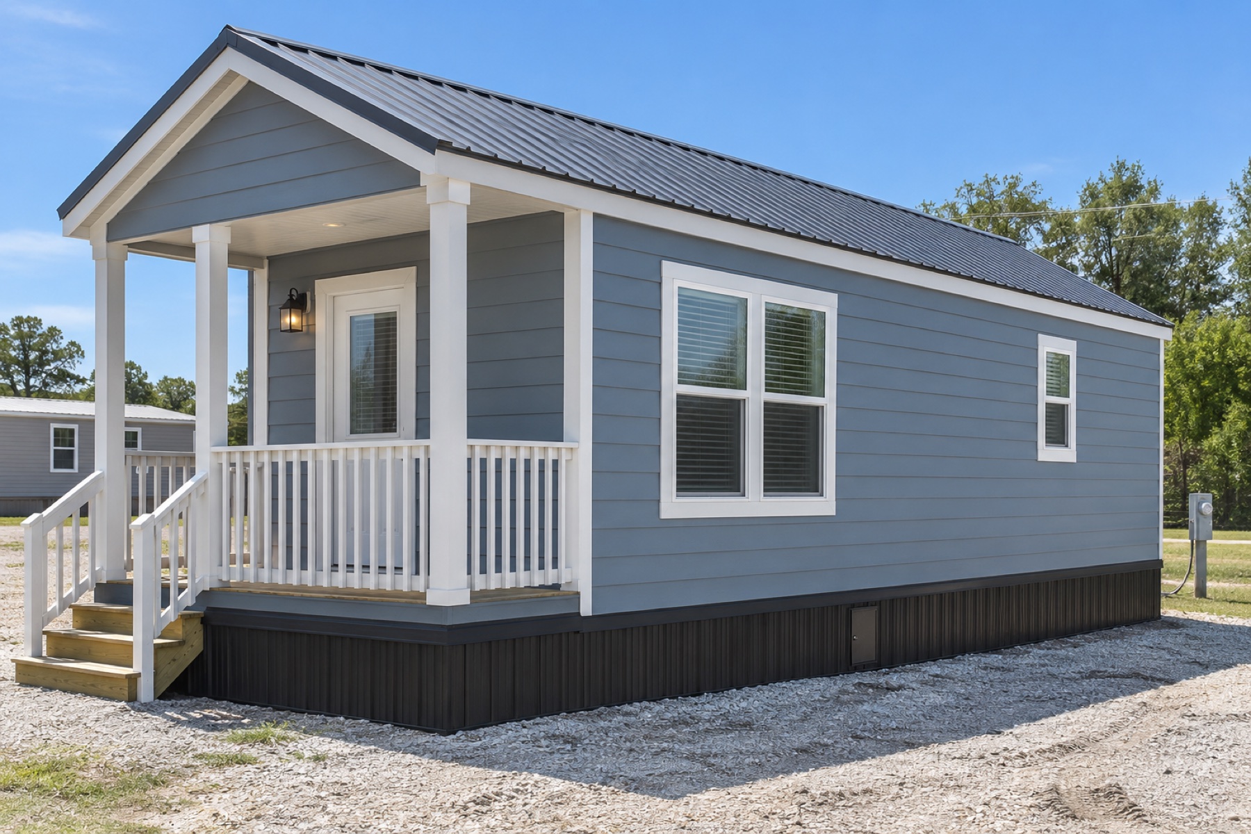Realistic concept of the Bluebonnet 399 one-bedroom park model on a Texas dealer display lot