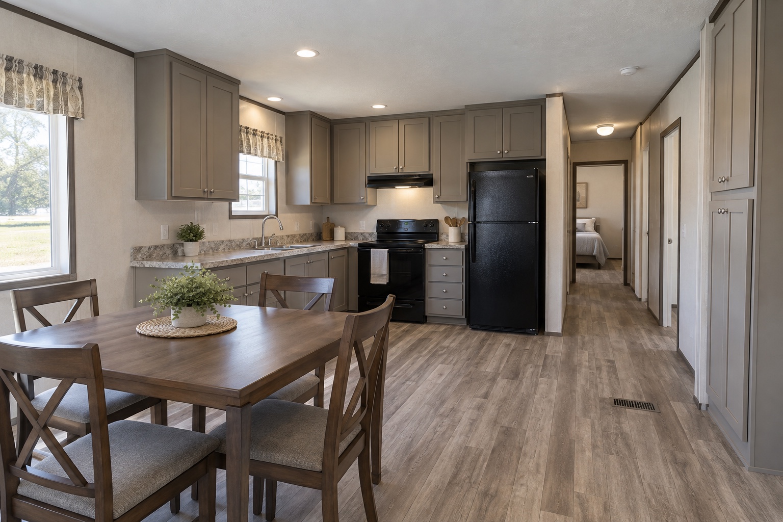 Economical full-size kitchen with laminate counters and dining table inside the Breeze 768 single-wide