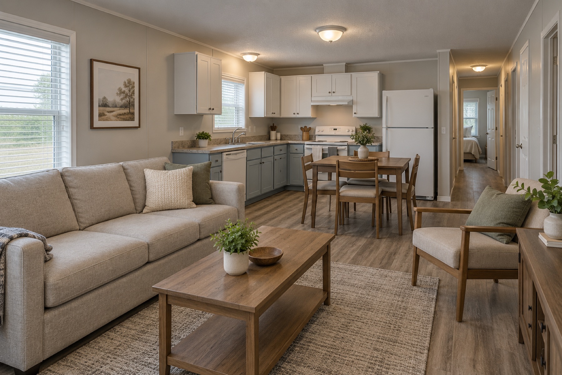 Realistic compact living room, dining area and kitchen inside the Breeze 768 single-wide mobile home