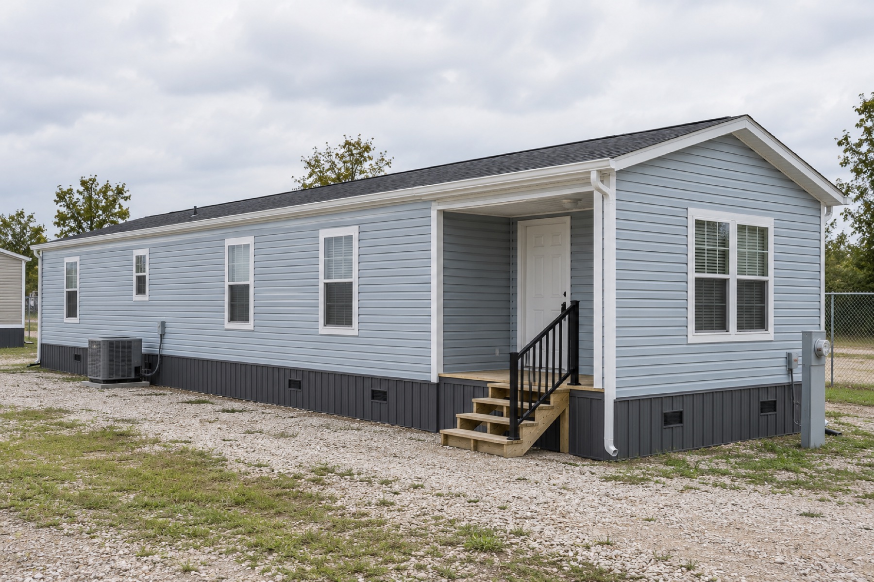 Realistic concept of the Breeze 768 blue single-wide mobile home on a manufactured-home dealer lot