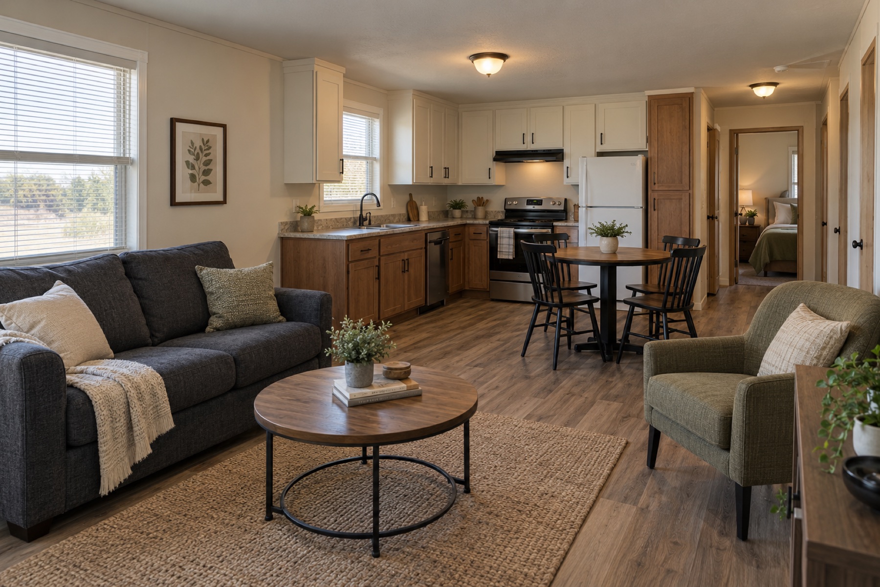 Realistic compact living, dining and kitchen space inside the Cedar Run 560 cottage