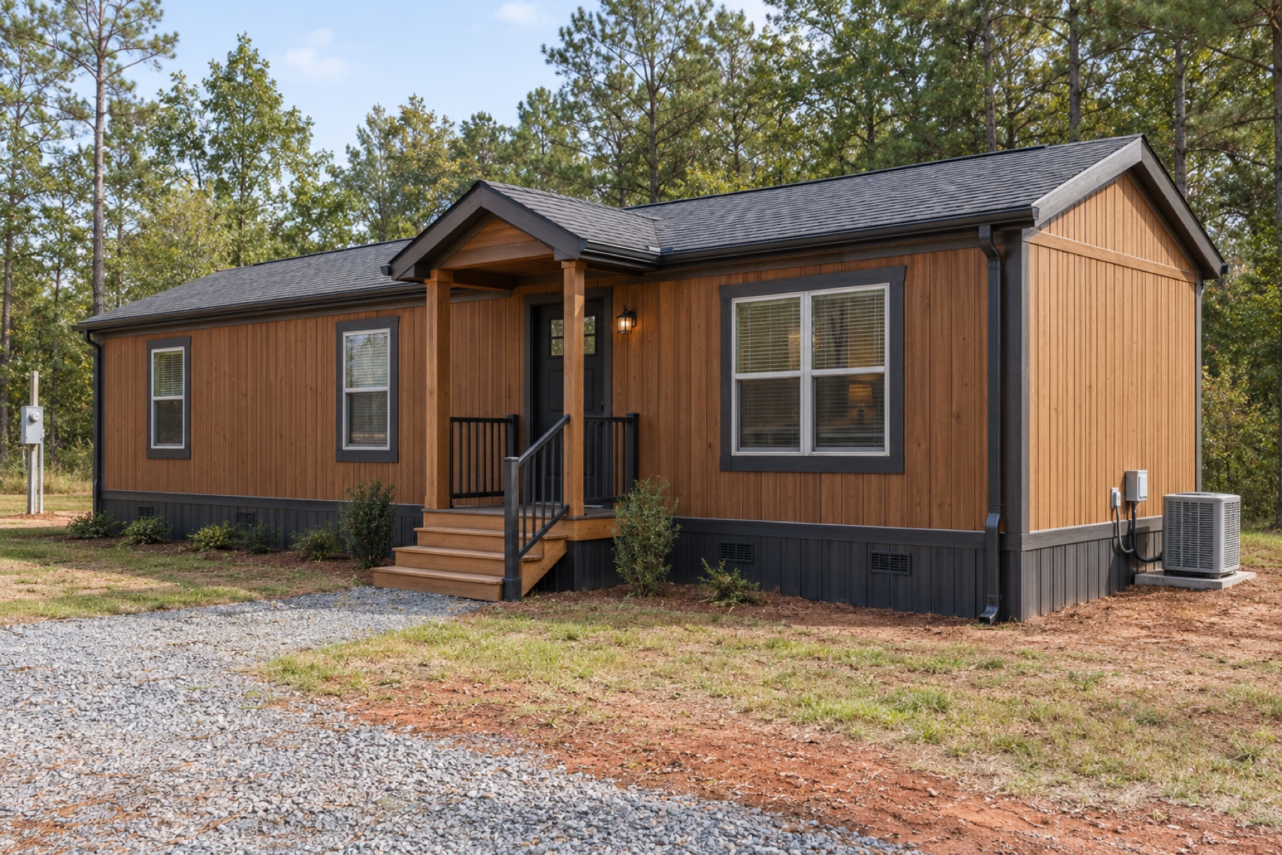 Realistic concept of the Cedar Run 560 two-bedroom manufactured cottage on a pine-country homesite