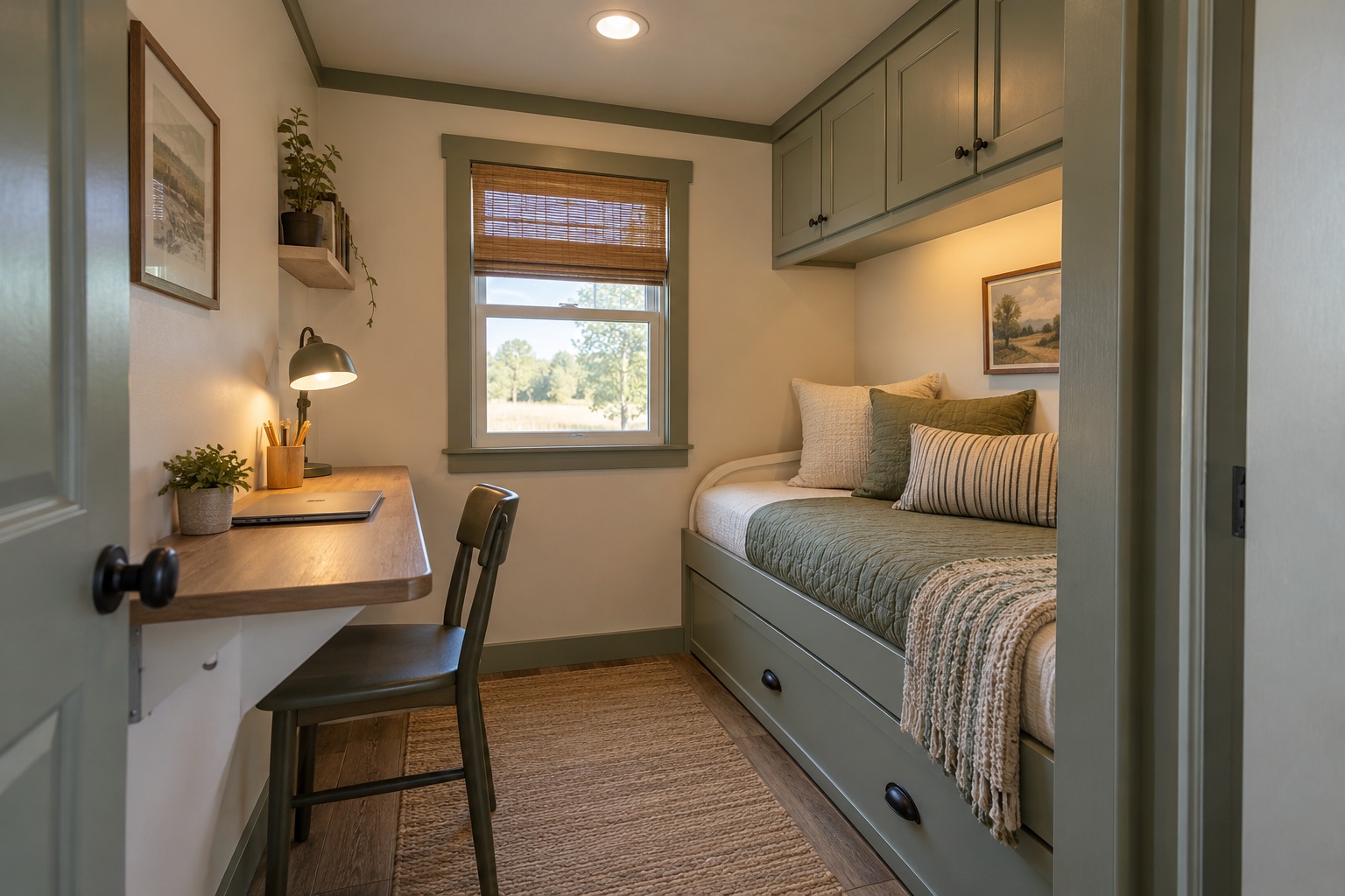 Small flexible room furnished as a home office and occasional bunk inside the Compass 420