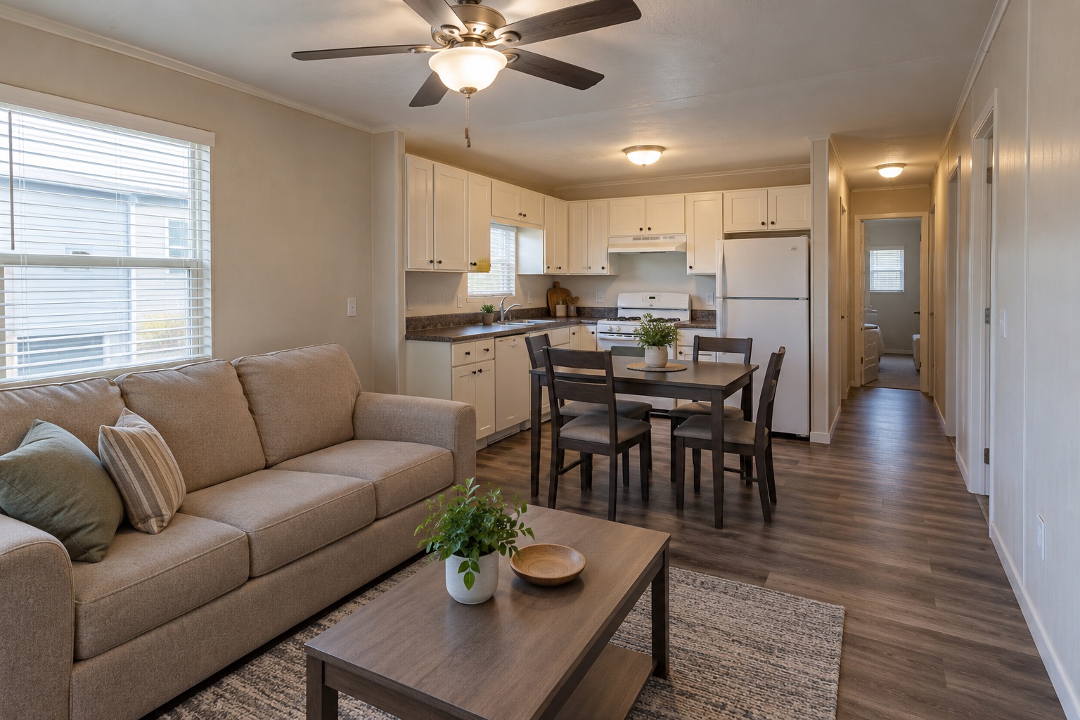 Realistic compact living room, four-person dining and family kitchen inside the Compass 420 mobile home