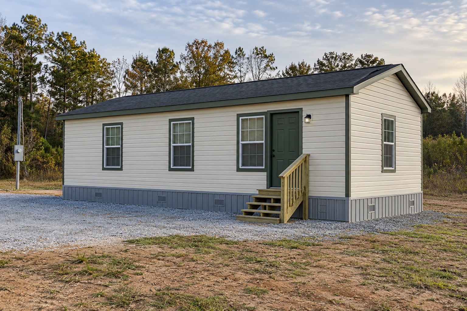 Realistic concept of the Compass 420 cream mobile home with green trim on an Alabama residential lot