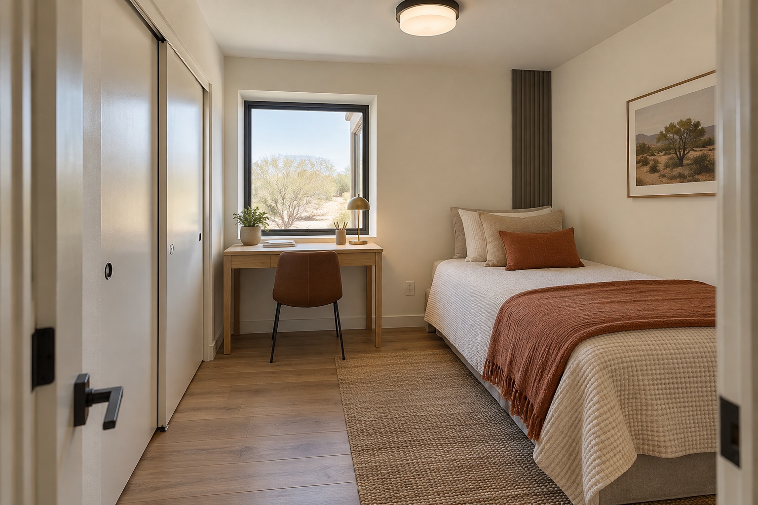Second bedroom with twin bed, wardrobe and writing desk inside the Courtyard 640 container home