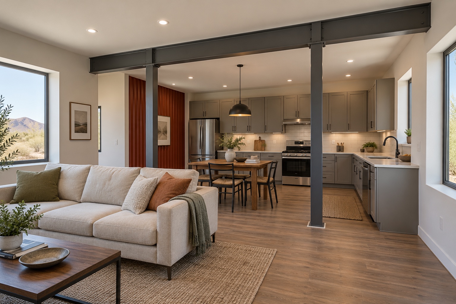 Photorealistic living, dining and kitchen space with visible steel transfer beam inside the Courtyard 640