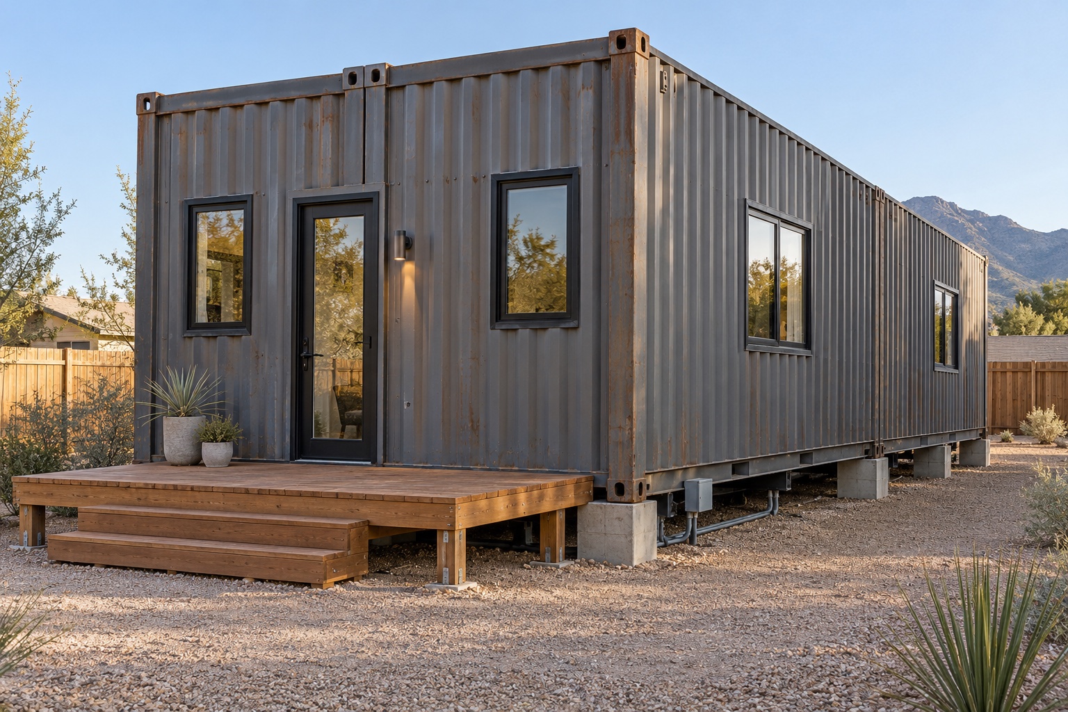 Photorealistic Courtyard 640 twin-container home with visible module seam and independent timber deck