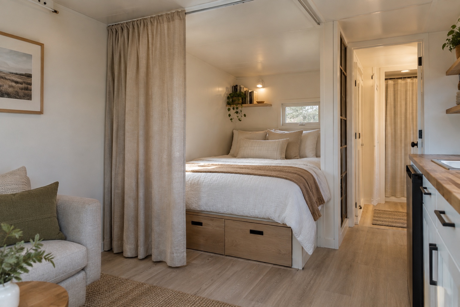 Curtain-divided sleeping nook with storage drawers inside the Creekside 300 studio mobile home