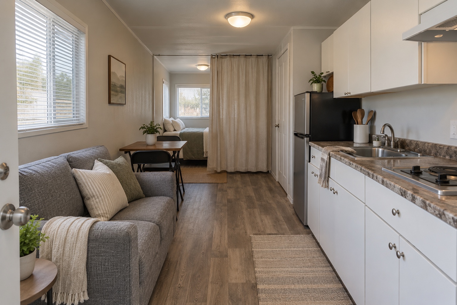 Realistic combined living, dining, sleeping and kitchenette space inside the Creekside 300 studio mobile home