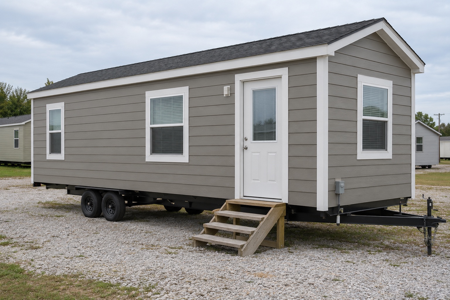 Realistic concept of the Creekside 300 clay-gray studio mobile home on an Oklahoma dealer lot
