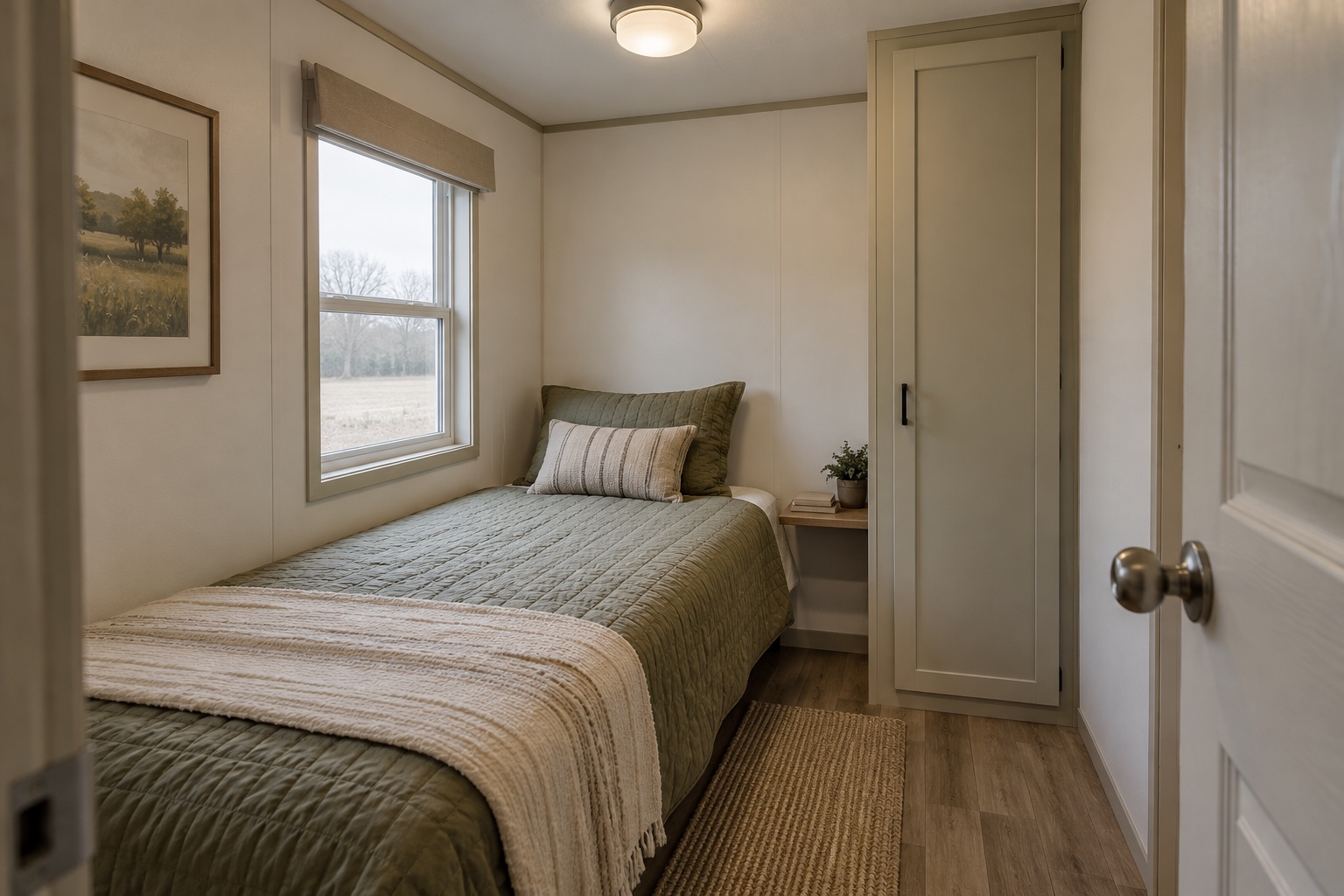 Compact secondary bedroom with twin bed and shallow wardrobe inside the Crosswind 432