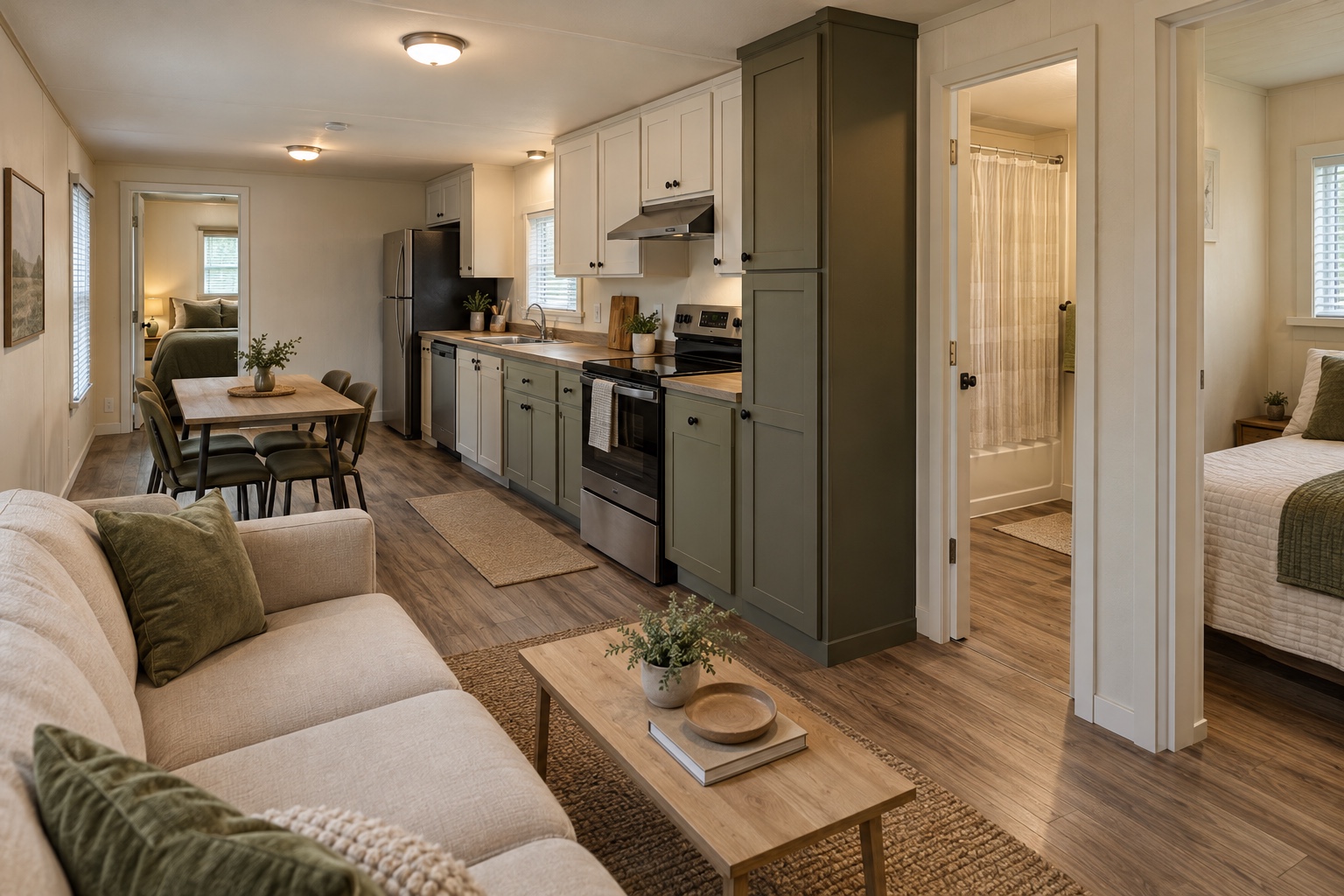 Realistic central living, dining and olive-accent kitchen inside the Crosswind 432 mobile home