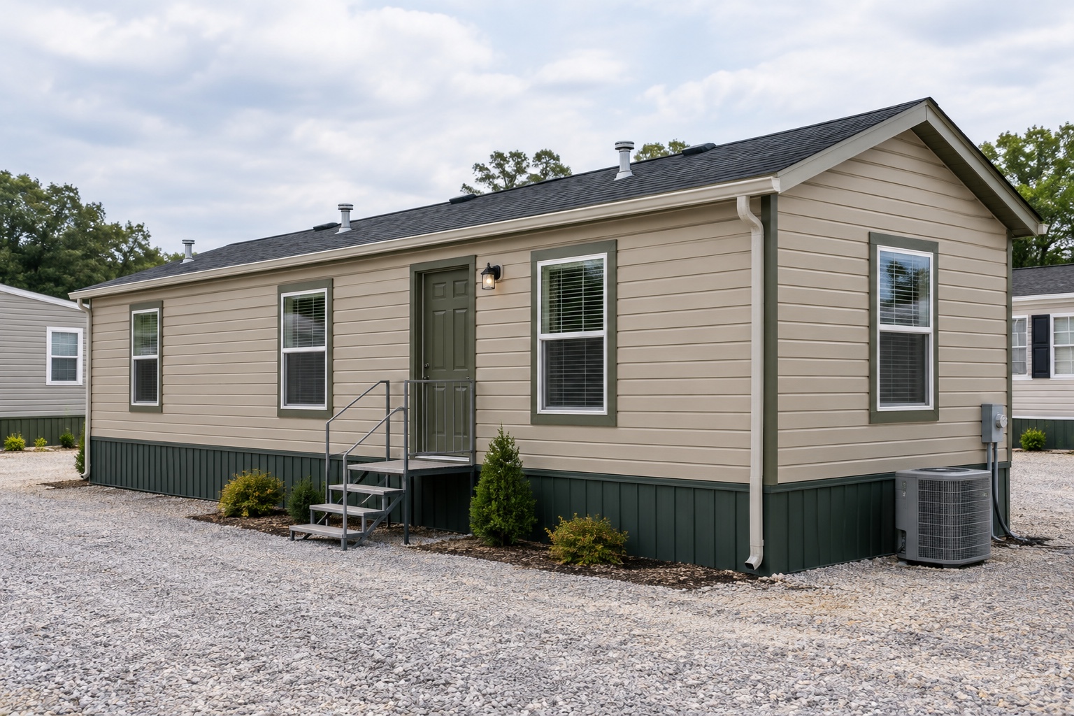 Realistic clay-beige Crosswind 432 two-bedroom mobile home on an Alabama dealer lot