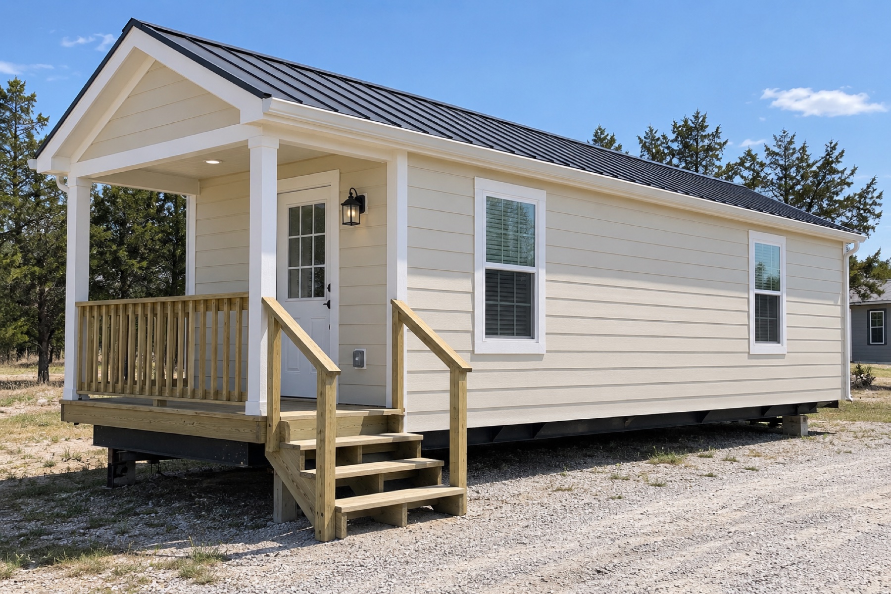 Realistic concept of the Cypress 399 park-model home on a manufactured-home dealer lot