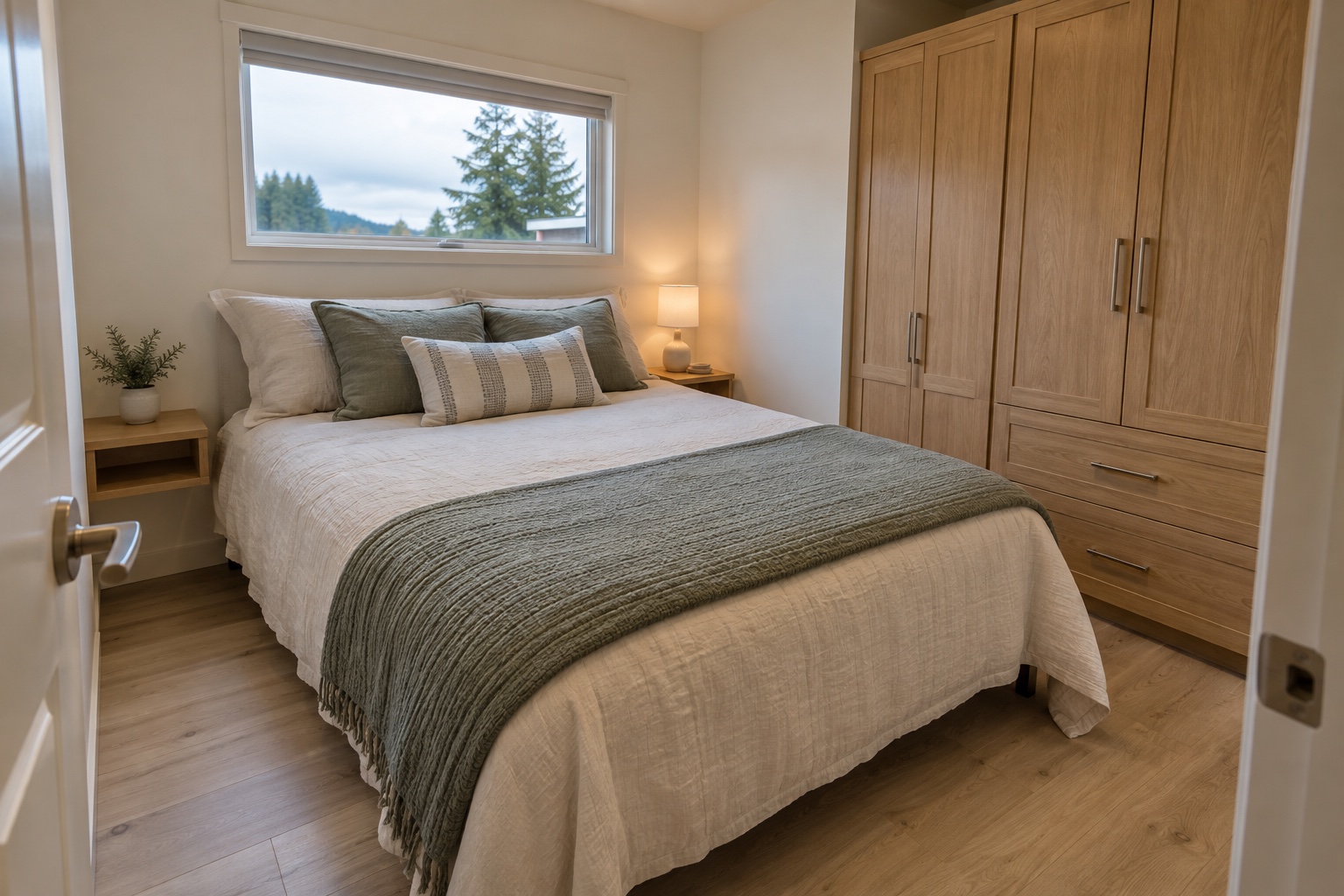 Compact private bedroom with built-in oak wardrobes and a full-size bed in the Cypress 399
