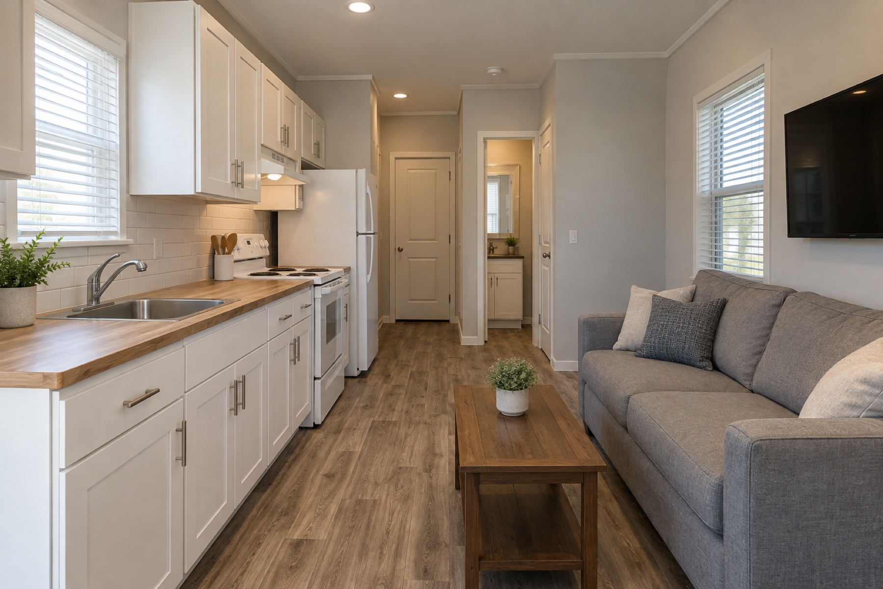 Realistic compact living room and galley kitchen inside the Cypress 399 park model