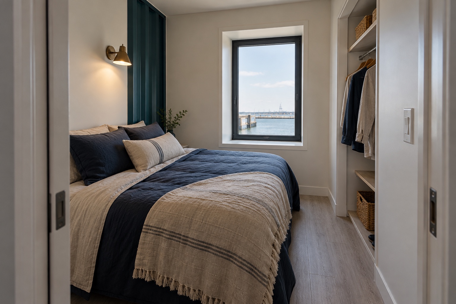Narrow full-bed room with a deep punched-window return inside the Dockside 320 container home