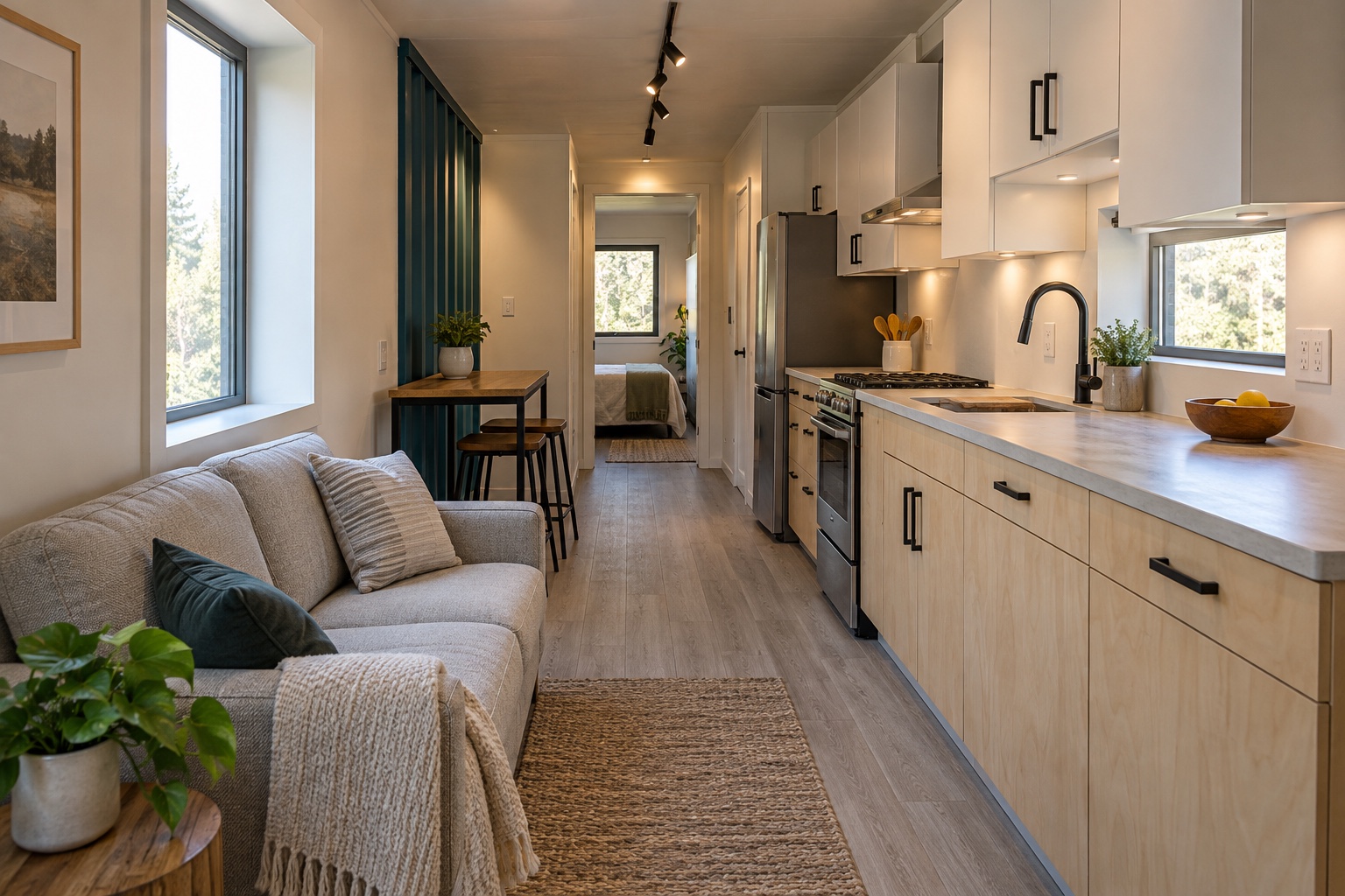 Photorealistic narrow living room and one-wall kitchen inside the Dockside 320 container home