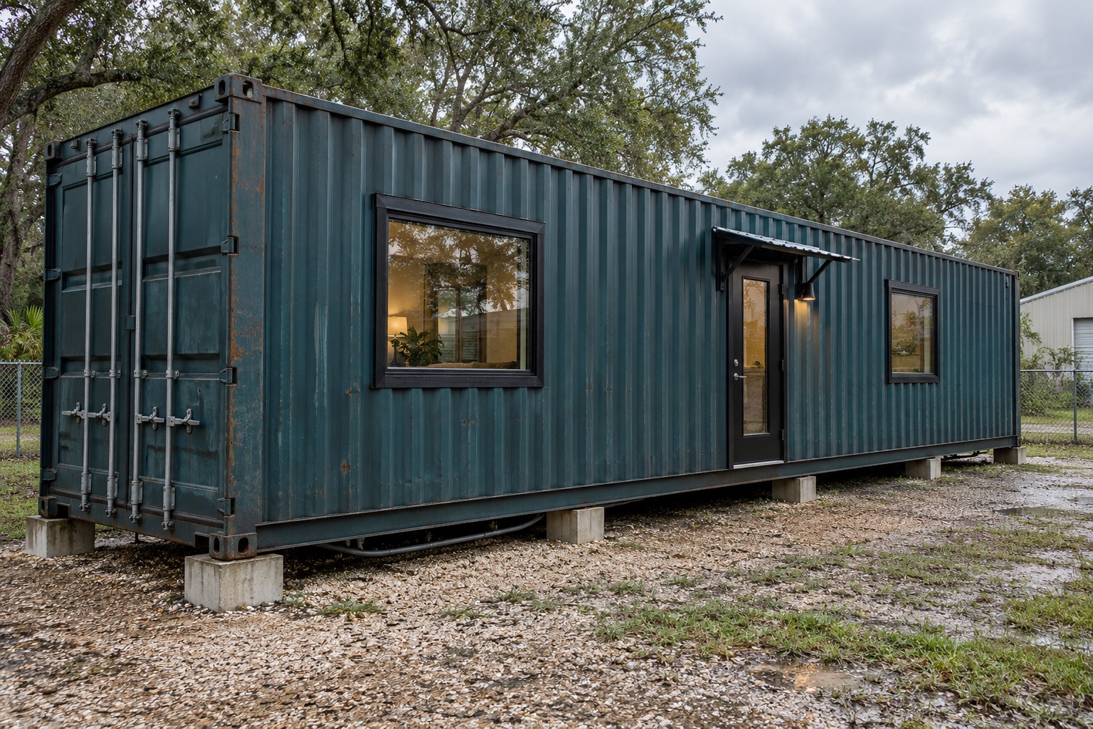 Photorealistic dark-teal Dockside 320 single-container home on concrete piers