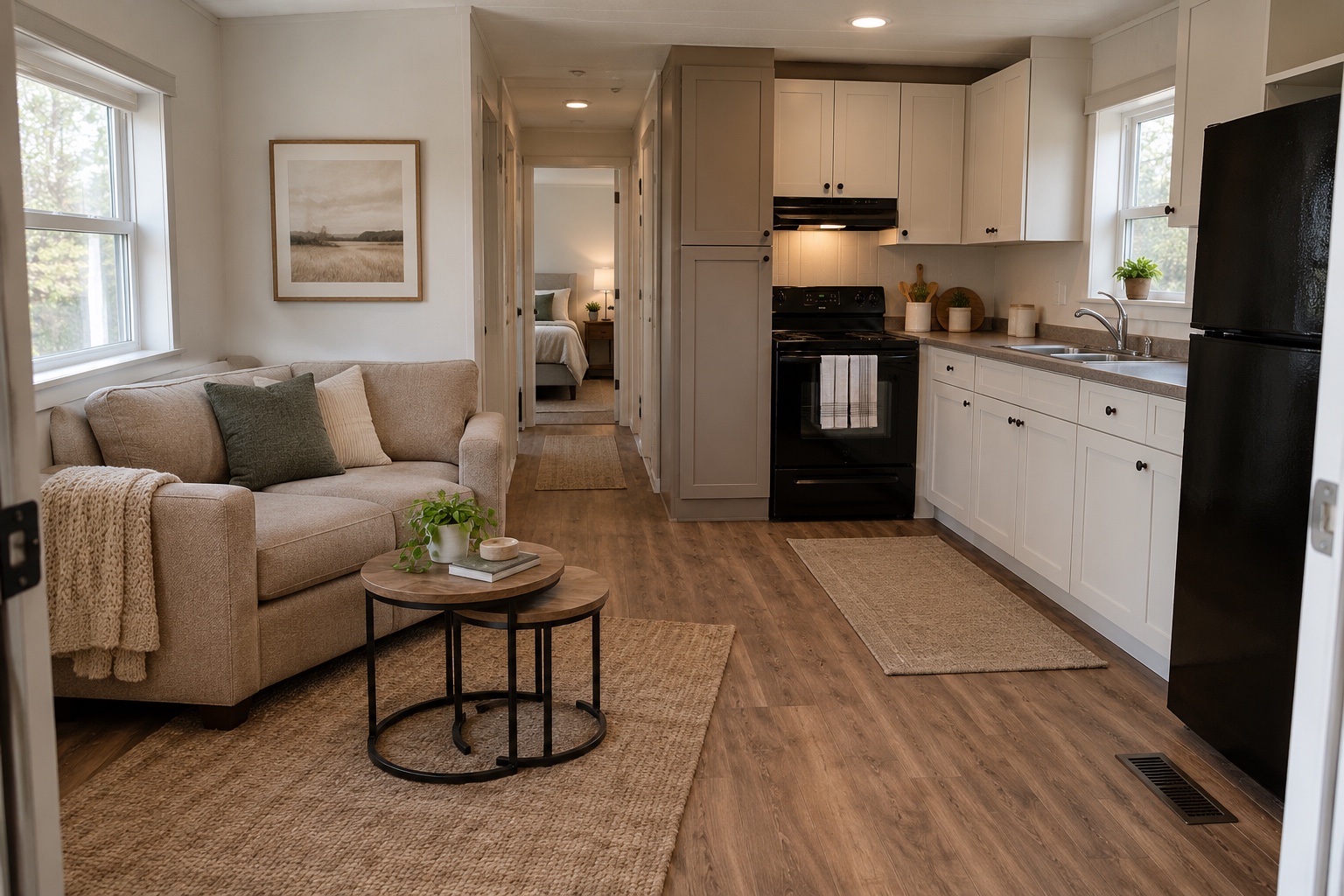 Realistic central lounge and economical L-shaped kitchen inside the Drift 360 mobile home