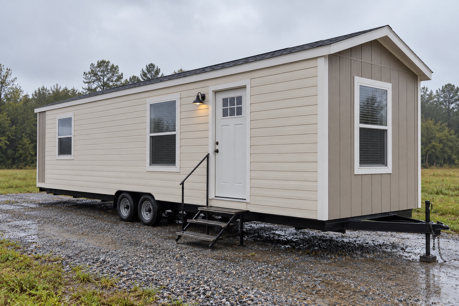 Realistic concept of the Drift 360 cream mobile home on a damp rural Arkansas dealer lot