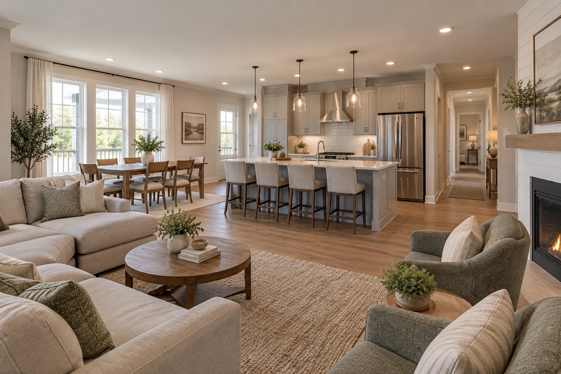 Realistic premium living, dining and kitchen space inside the Grandview 1680 modular family home