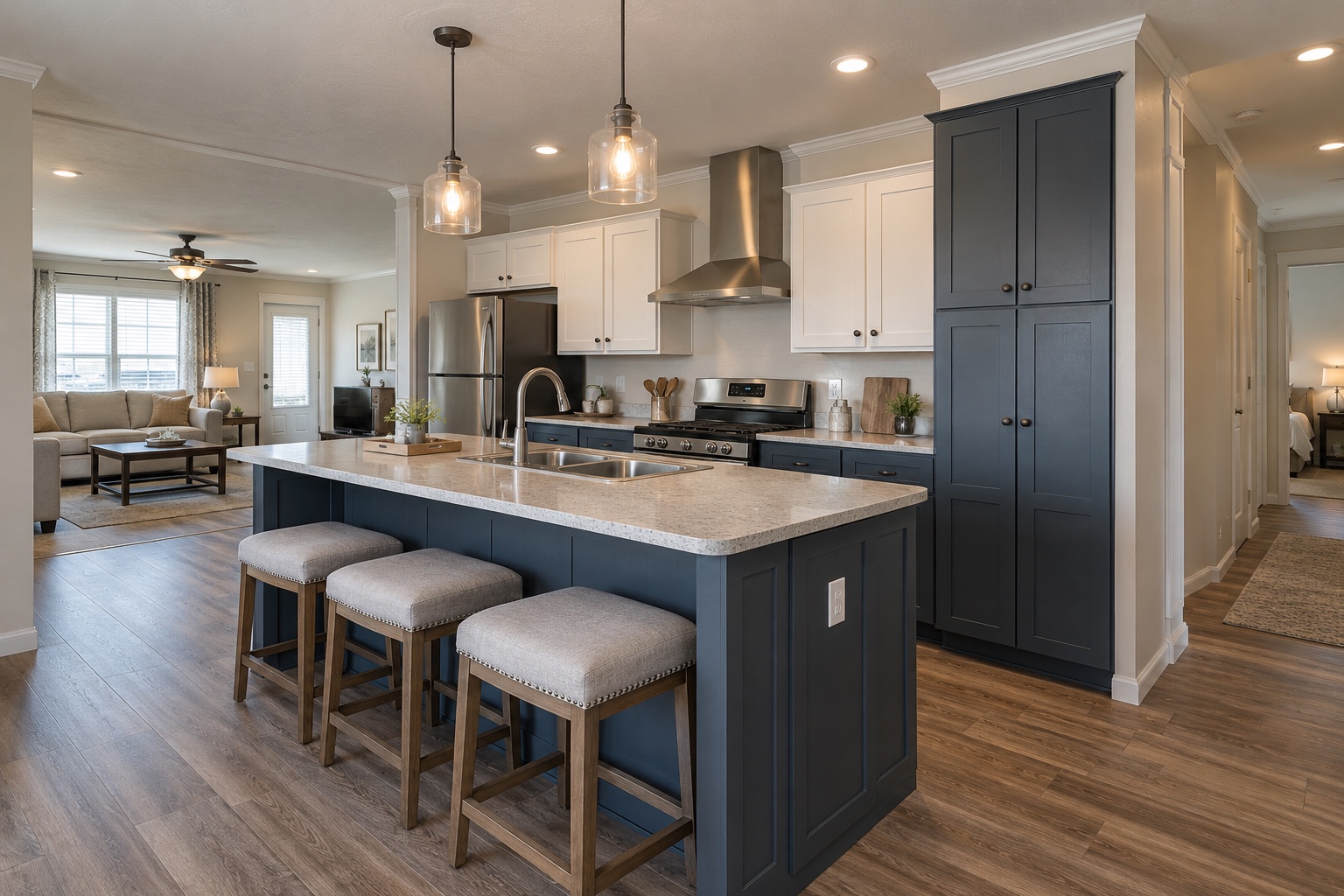 Kitchen peninsula with three stools and pantry cabinets inside the Harbor 1152 single-wide