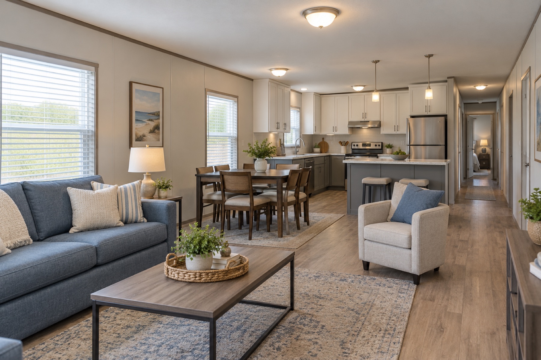 Realistic elongated living, dining and kitchen space inside the Harbor 1152 single-wide mobile home