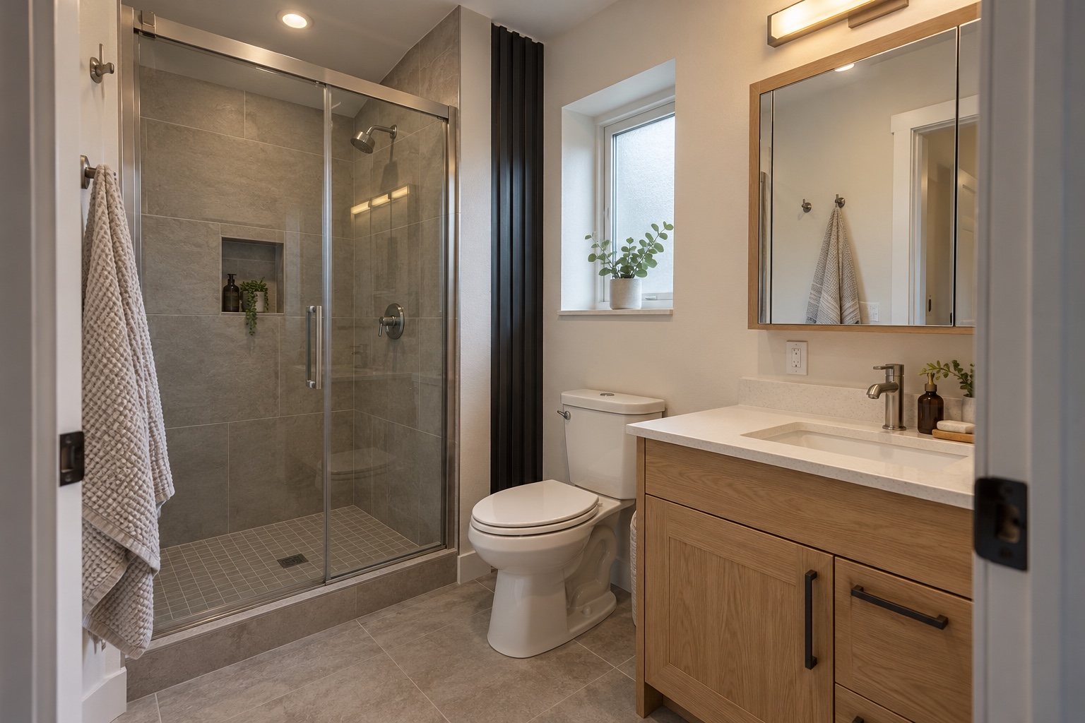 Compact primary ensuite with tiled shower and oak vanity inside the Harborline 960 container home