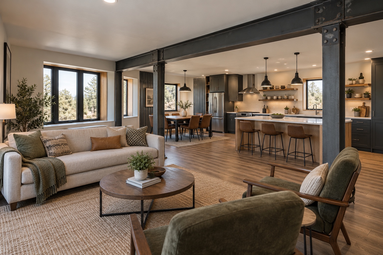 Photorealistic family living, dining and island kitchen with visible steel structure inside the Harborline 960