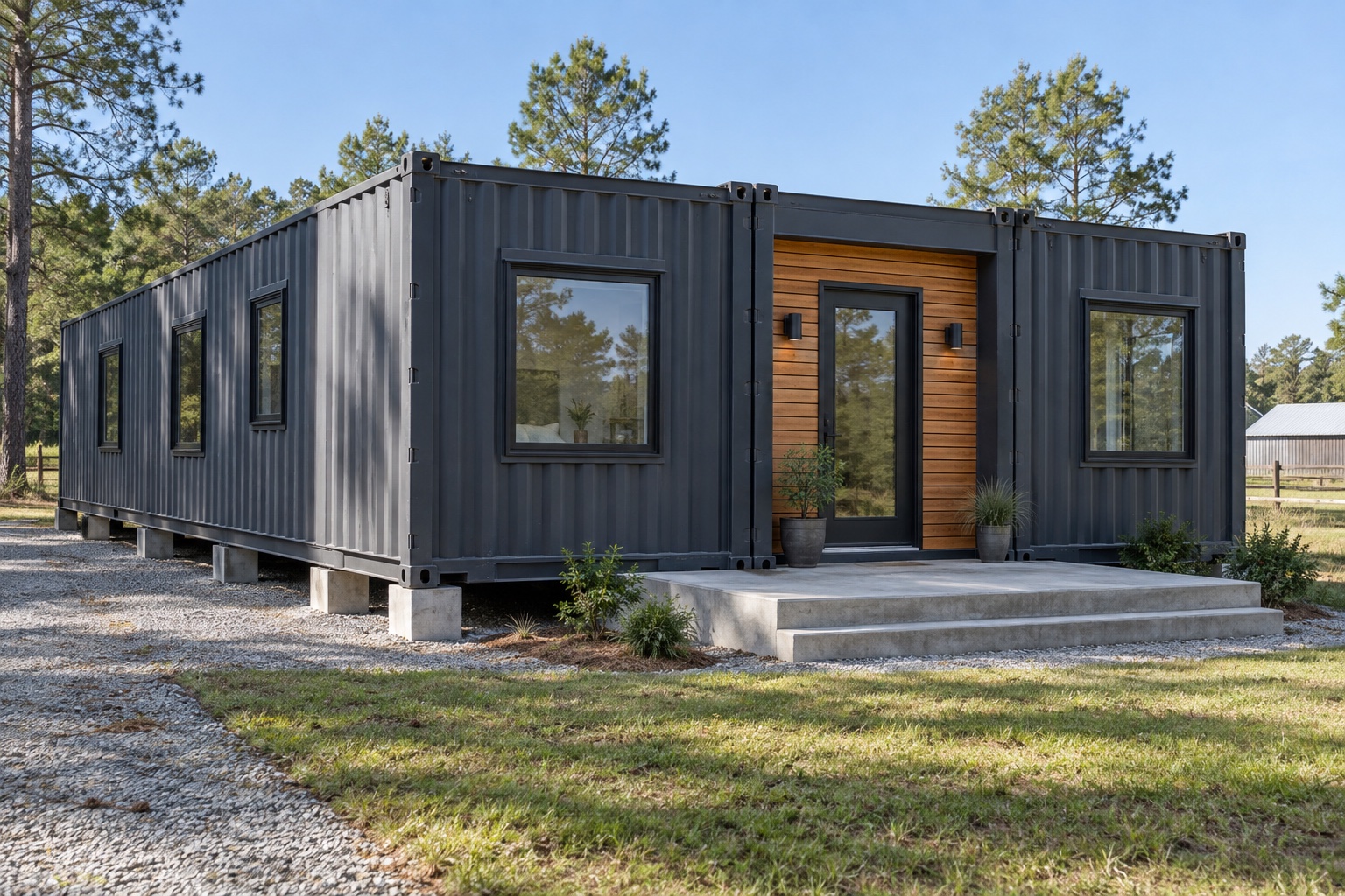 Photorealistic charcoal Harborline 960 three-container family home on an inland North Carolina site