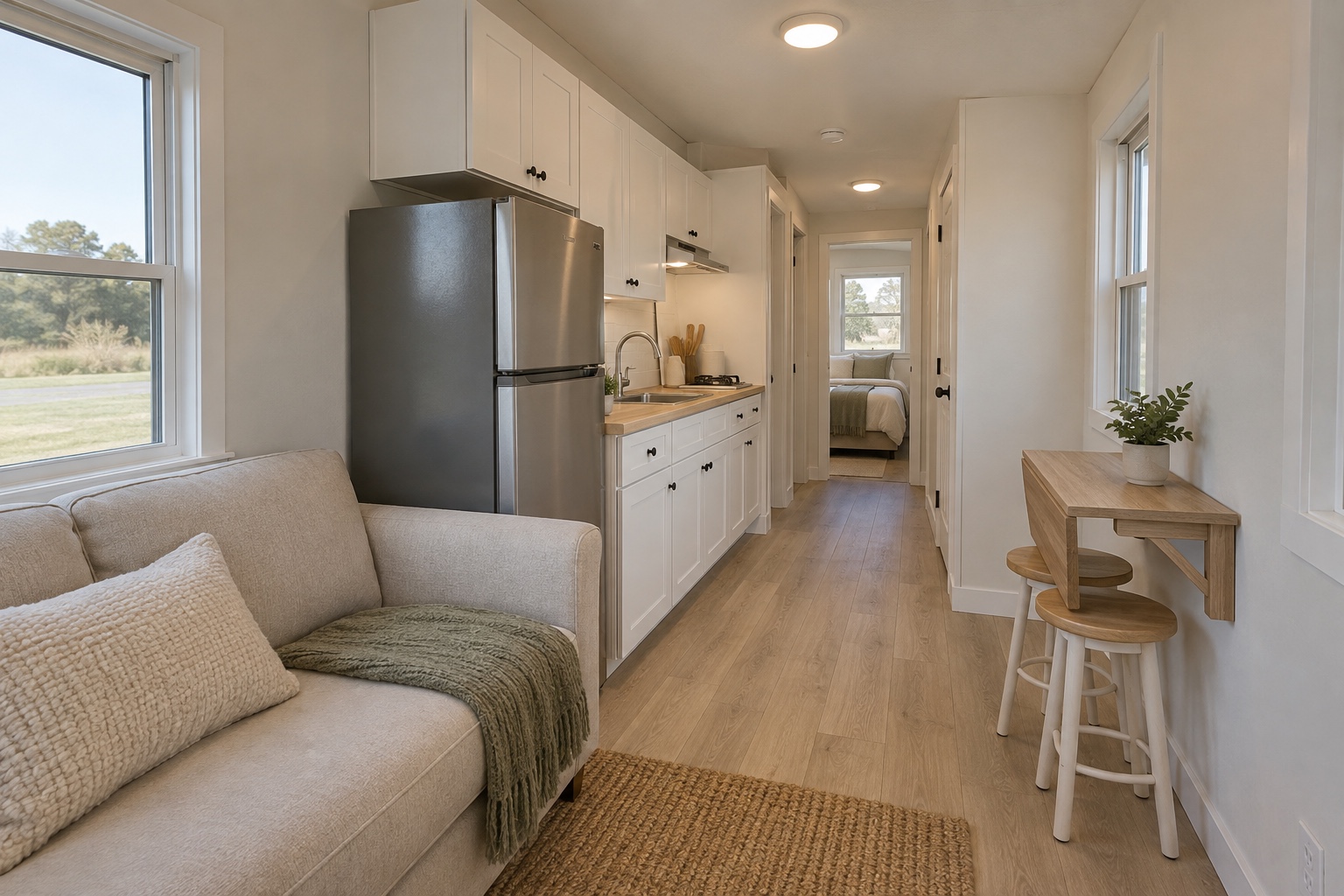 Realistic narrow living room and white galley kitchen inside the Haven 304 mobile home