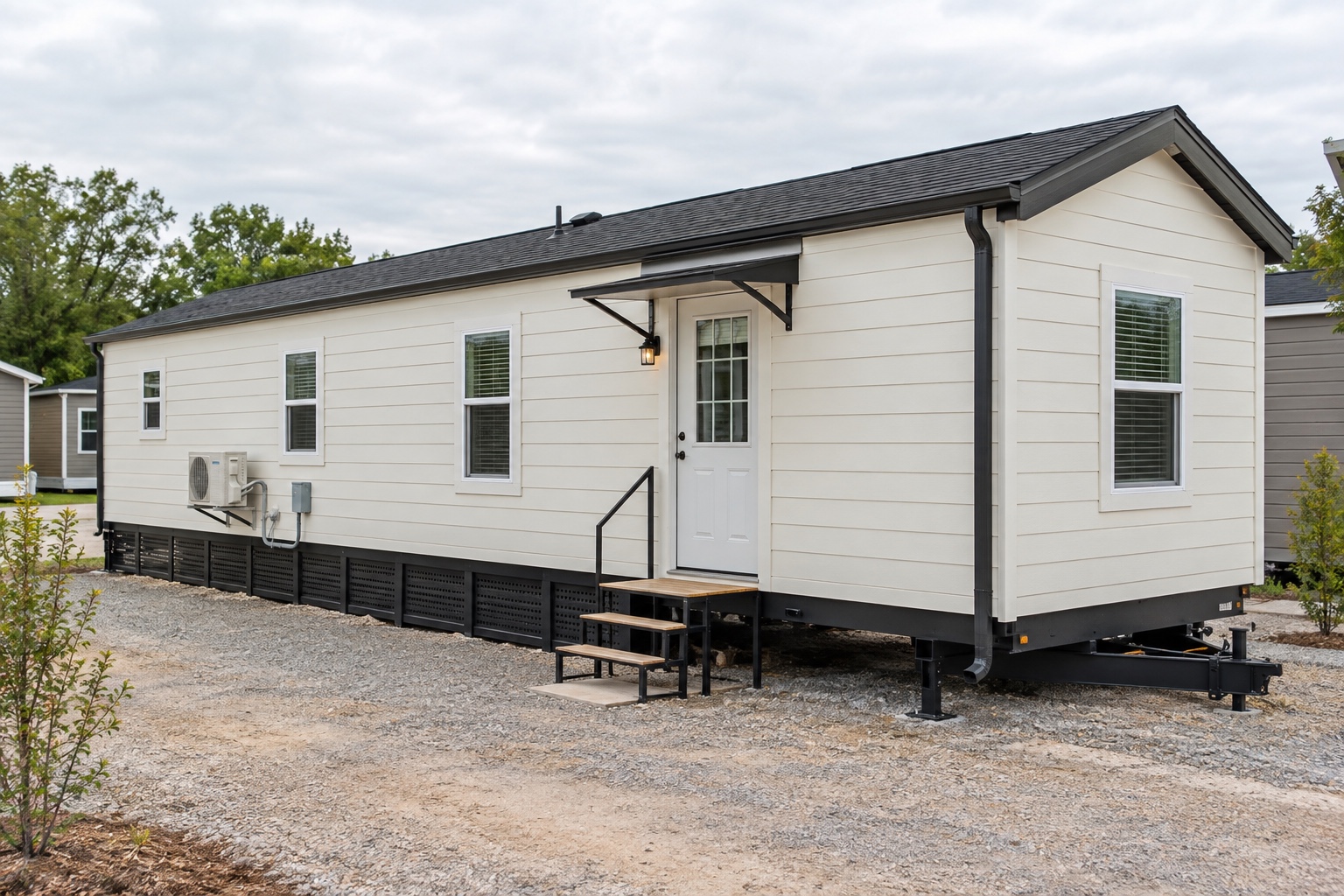 Realistic warm-white Haven 304 mobile home on a modest east Texas dealer lot