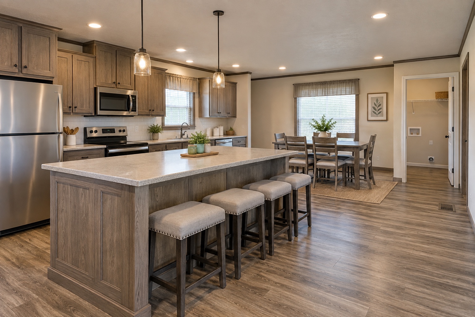 Family kitchen island, dining table and utility-room entry inside the Heritage 1456 double-wide