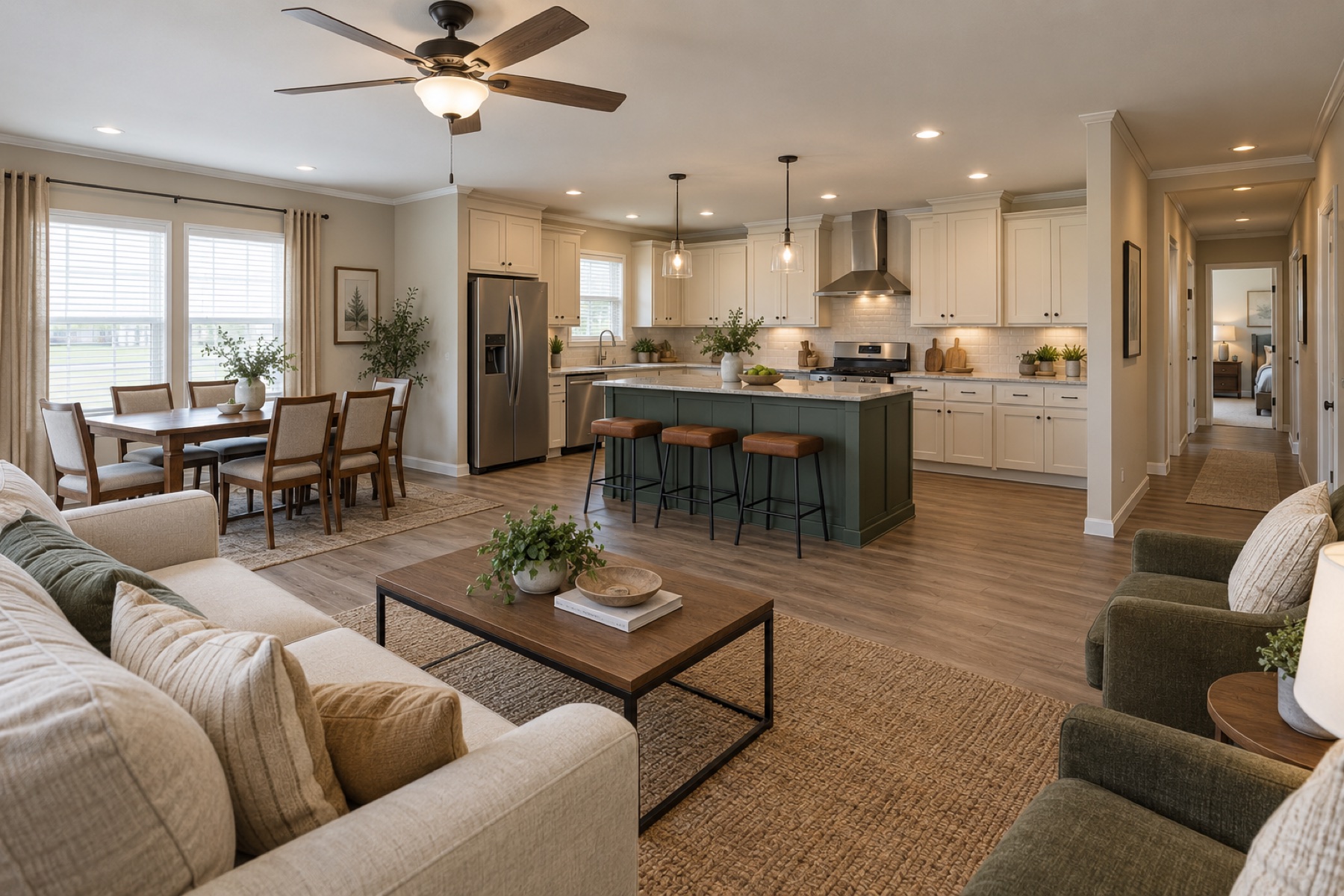 Realistic family living, dining and kitchen space inside the Heritage 1456 double-wide mobile home