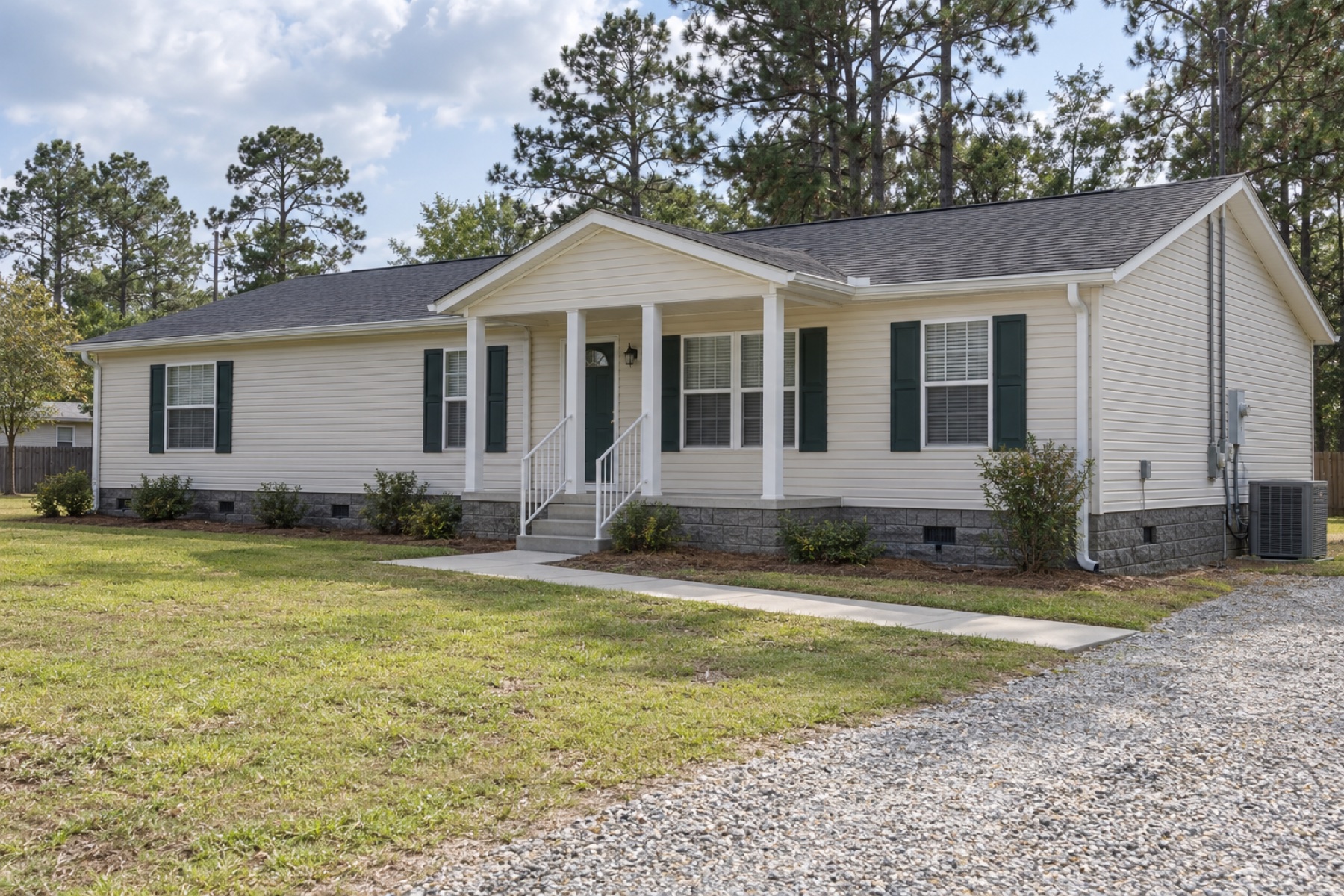 Realistic concept of the Heritage 1456 cream double-wide mobile home on an Alabama residential lot