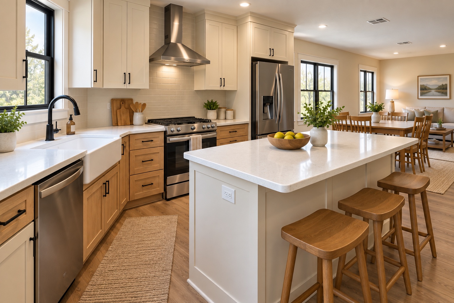 Family kitchen with island, walk-in pantry entry and dining area inside the Homestead 1440