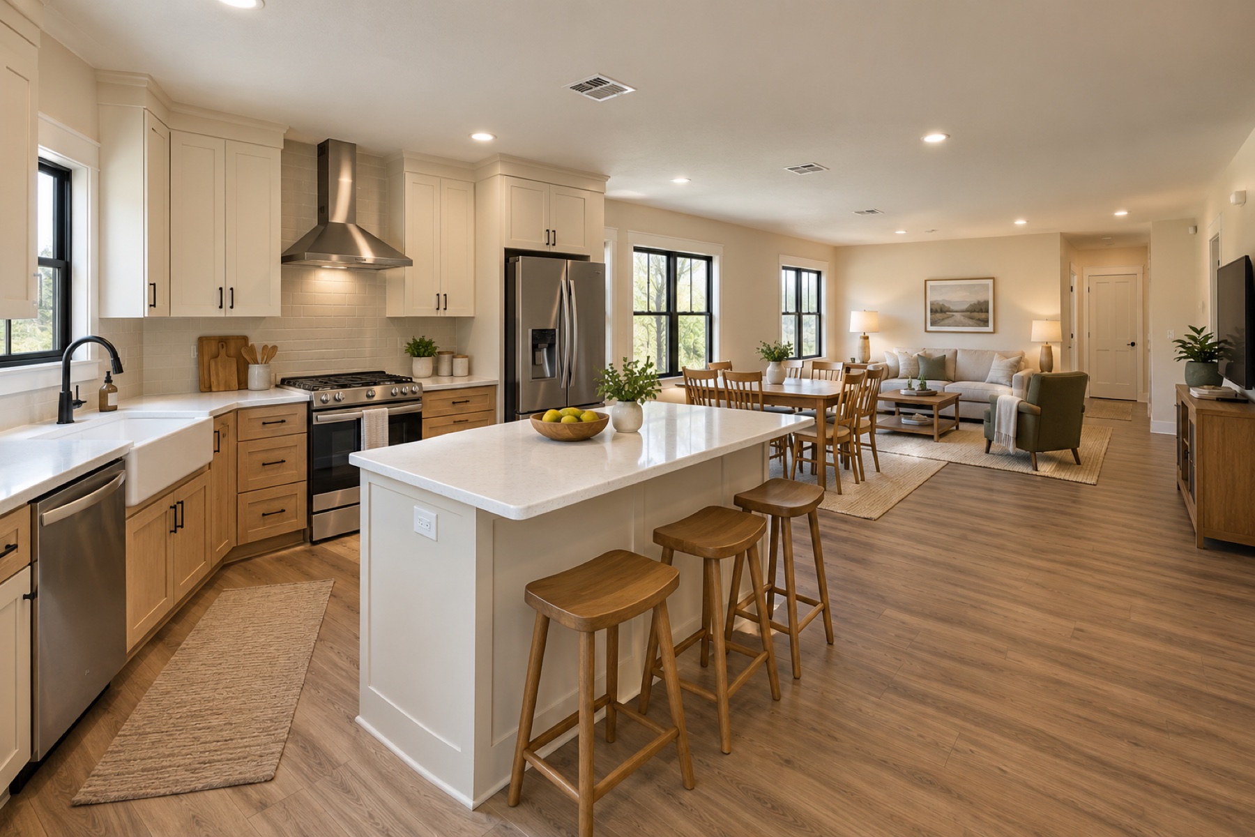 Realistic larger open-plan living, dining and kitchen space inside the Homestead 1440 modular home