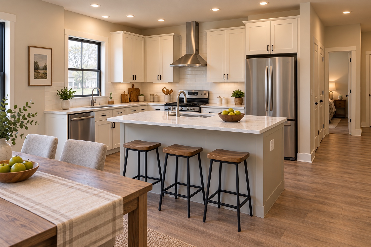 Family kitchen island, pantry wall and dining area inside the Horizon 1200