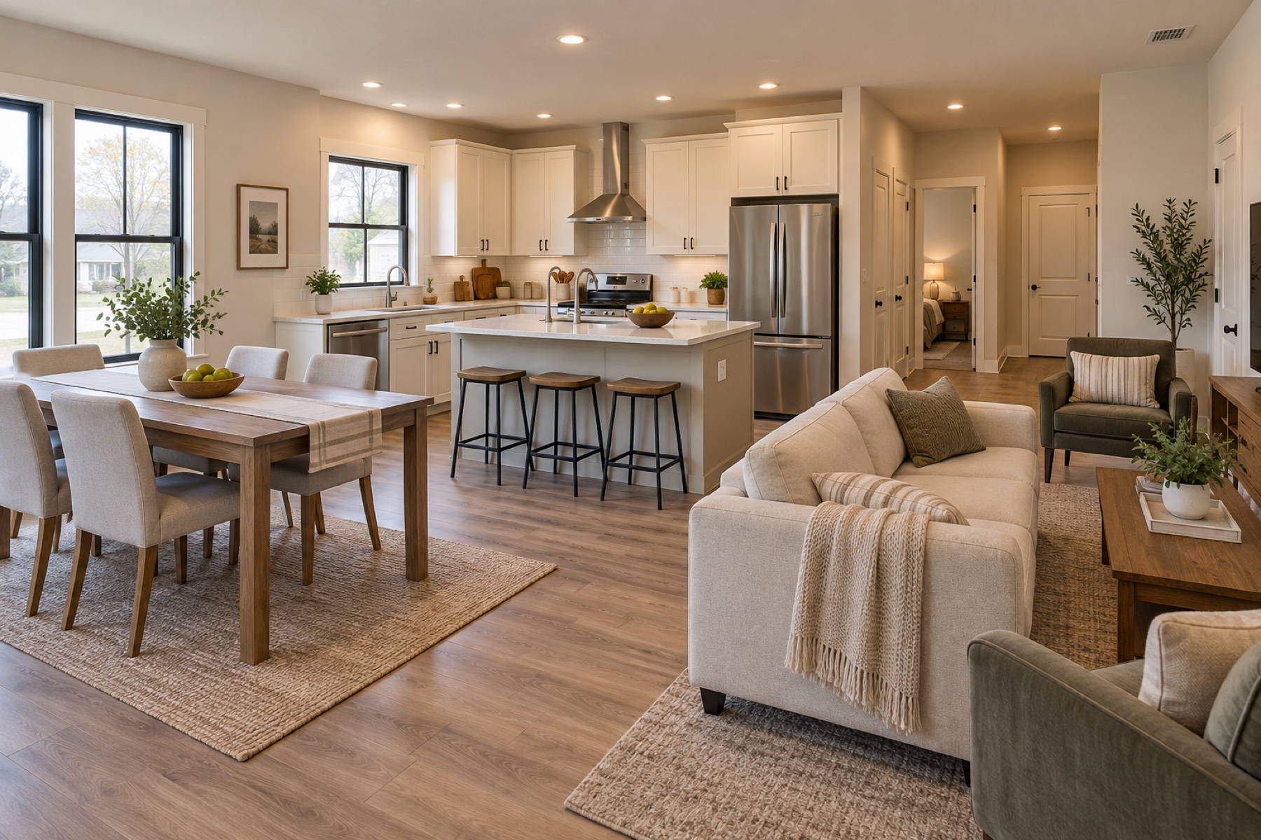 Realistic family living room, dining area and kitchen inside the Horizon 1200 modular home