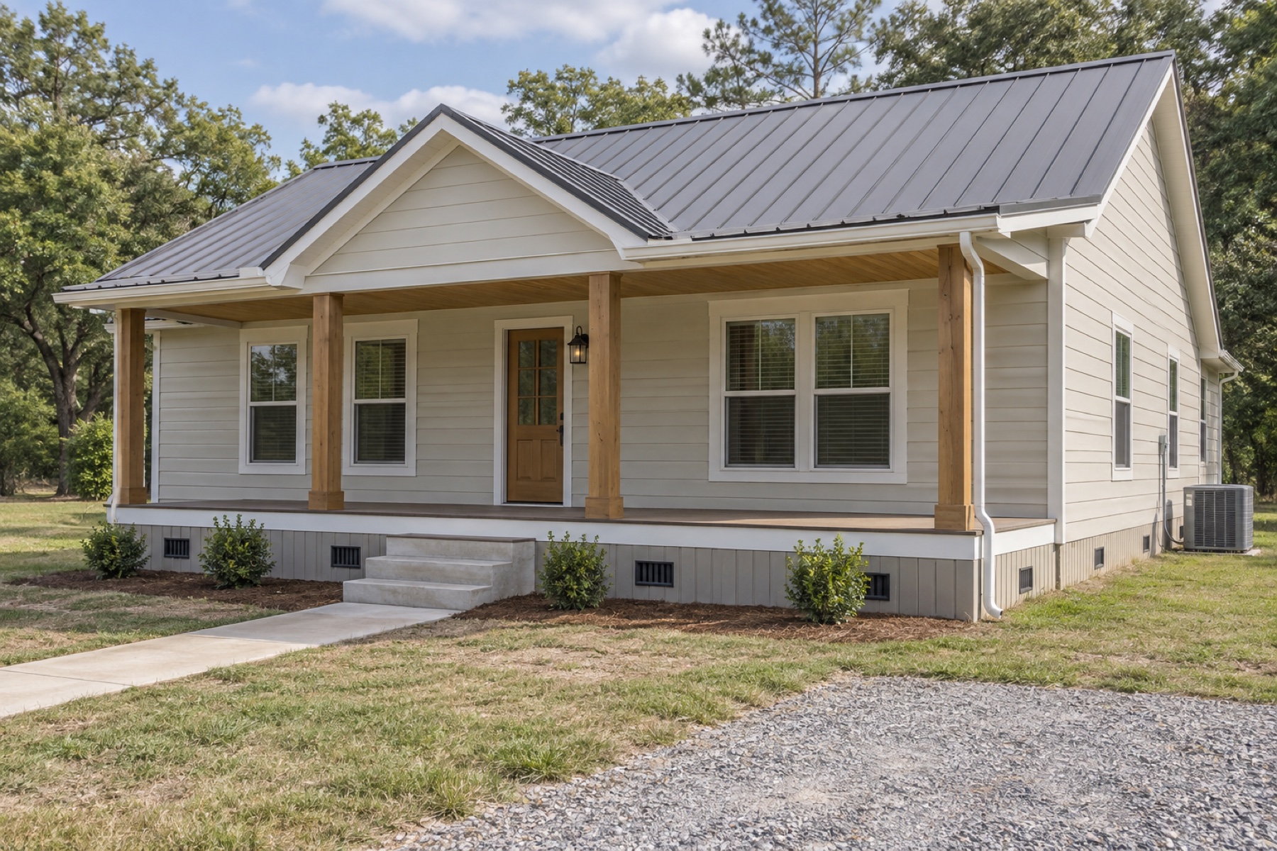 Realistic concept of the Juniper 960 modular cottage on an East Texas residential lot